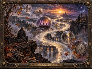 A solitary guitarist overlooks a dreamlike valley where a glowing river winds through ruins, towers, autumn trees, and floating memory spheres. Warm gold light meets violet twilight, creating a reflective, timeless mood. Rich painterly textures, mist, cracked stone, ornate bronze framing, and a weathered clock reinforce memory, passage, and endurance.