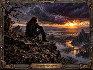 A solitary long-haired figure sits on a rocky cliff above a misty valley, winding river, distant ruins, and glowing settlement beneath violent purple storm clouds. Warm sunset light breaks through the darkness, creating a brooding, reflective mood. An ornate metallic guitar-themed frame and engraved title plate complete the cinematic digital painting.