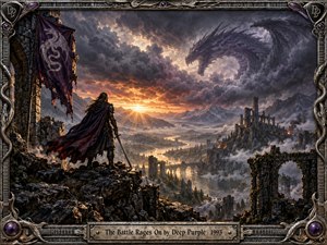 A lone warrior surveys a ruined mountain kingdom beneath a violent purple-gray storm shaped like a dragon. Golden sunset light cuts through smoke, illuminating rivers, bridges, shattered towers, and distant peaks. Ornate metallic framing, gothic details, guitars, serpents, purple gems, and weathered textures reinforce the dark, epic fantasy-rock atmosphere.