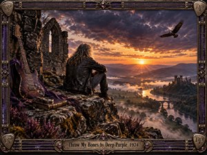 A long-haired traveler sits on a rocky cliff beside a weathered electric guitar, overlooking a misty river valley, distant castle ruins, and a glowing sunset. Purple storm clouds, golden light, rugged stone, and ornate bronze framing create a reflective, mystical rock atmosphere, blending cinematic realism with richly textured fantasy detail.