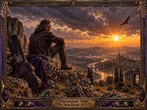 A weathered man sits on a rocky cliff beside a battered guitar case, overlooking a misty valley, winding river, distant castle, and ruined stonework. Golden sunset light breaks through storm clouds as an eagle circles above. Rich bronze, purple, and amber tones create a reflective, heroic, cinematic atmosphere within an ornate musical frame.