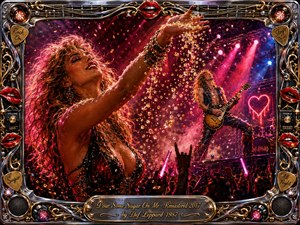 A glamorous rock concert erupts in crimson, magenta, gold, and electric blue as a joyful woman scatters sparkling sugar-like crystals beside a fiery guitarist. Dramatic stage lights, fog, neon, and cheering silhouettes amplify the seductive energy. Glossy oil-paint textures and an ornate chrome-and-gold musical frame complete the vivid scene.