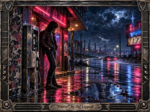 A lone leather-clad figure waits beside a weathered payphone on a rain-soaked neon street, watching a car disappear toward an industrial skyline. Magenta, blue, and silver reflections shimmer across puddles beneath a stormy moon. The textured mixed-media painting, framed in distressed metal, feels brooding, romantic, and unmistakably 1980s rock.