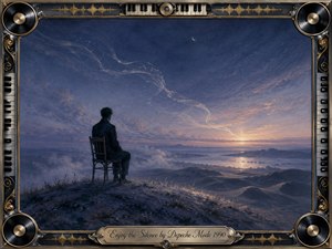 A solitary figure sits quietly on a hill overlooking misty dunes and distant water beneath a vast twilight sky. Deep blues, indigo, silver, and pale gold create a serene, melancholic mood, while luminous ribbon-like sound trails fade into silence. An ornate chrome-and-gold musical frame surrounds the painterly scene.