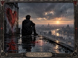 A solitary figure sits on a rain-soaked rooftop overlooking a foggy city at sunset, surrounded by dark clouds and scattered lights. Wet surfaces reflect muted gold, black, and deep crimson tones, while a weathered industrial frame encloses the scene. A bleeding heart mural intensifies the atmosphere of isolation, resignation, and emotional endurance.