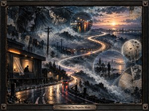 A rain-slicked highway winds in a luminous S-curve through misty hills toward a distant dawn-lit city, linking dreamlike memory spheres, a solitary figure, a moth, and a shadowed room. Deep blues, charcoal, silver, and amber glow through textured encaustic-style surfaces, framed in dark industrial metal with an engraved title plate.