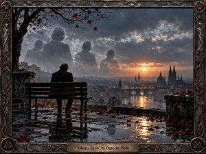A solitary figure sits on a rain-soaked bench above a misty European city at sunset, surrounded by bare branches and drifting autumn leaves. Ghostly silhouettes dissolve into storm clouds, suggesting memory and loss. Deep charcoal, steel blue, crimson, and amber tones create haunting contrast, while ornate weathered metalwork frames the cinematic, handcrafted scene.
