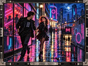 SongData_JustCantGetEnough_DepecheMode_1981 A stylish young couple races hand in hand through a rain-soaked neon city, glowing with restless romance and early-1980s synth-pop energy. Magenta, cyan, violet, and amber reflections shimmer across wet pavement beneath a moonlit skyline. Painterly textures, geometric lights, silhouetted pedestrians, and a chrome-and-black synth-inspired frame complete the cinematic scene.