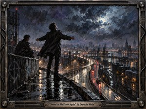 Two black-clad figures stand on a rain-slick rooftop above a vast industrial city, one reaching toward a storm-lit sky. Cold blues, charcoal grays, and scattered amber lights create a brooding, euphoric mood. Expressive painterly textures, reflective pavement, sweeping highways, and an ornate metal frame reinforce the dramatic nocturnal atmosphere.