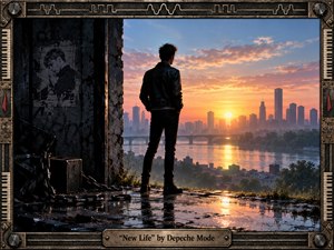 A solitary figure stands on a rain-soaked industrial rooftop, facing a glowing city skyline beyond a broad river at sunrise. Dark ruins, broken chains, and a faded monochrome portrait frame the scene, contrasting with warm gold, peach, and blue light. The cinematic composition blends gritty 1980s new-wave aesthetics with hopeful renewal and handcrafted metallic detailing.