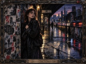 A pale young woman in a dark raincoat stands beneath a grimy urban overpass, glancing back with anxious intensity as wet pavement mirrors a fractured Roman-numeral clock. Painted in a moody, textured mixed-media style, the scene glows with amber streetlights, violet dusk, red reflections, torn posters, and an industrial ornamental frame.