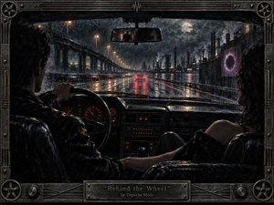 A rain-soaked nighttime drive unfolds through a dark car interior, where two shadowed figures face an industrial skyline beneath a clouded moon. Wet highways reflect red and amber lights, creating a tense, hypnotic mood. Painterly textures, metallic framing, glowing instruments, and an eclipse-like symbol evoke sleek, nocturnal 1980s atmosphere.