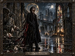 A solitary figure stands beneath a fractured golden halo in a rain-soaked ruined cathedral courtyard, surrounded by wilted lilies, broken stained glass, candles, and distant industrial towers. Deep blacks, charcoal blues, red accents, and warm gold light create a solemn, devotional mood, rendered in richly textured, handcrafted mixed-media detail.