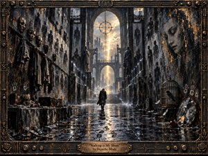 A lone figure walks through a rain-soaked industrial cathedral toward a distant golden light, surrounded by shadowy silhouettes, masks, handprints, a caged bird, broken mirror, and abandoned objects. Charcoal blacks, slate blues, bronze, and muted amber create a solemn, haunted mood, rendered in richly textured mixed-media realism within an ornate metal frame.