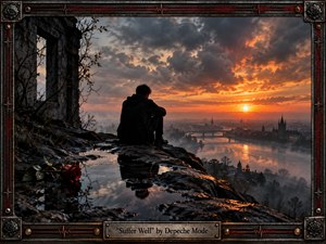 A solitary figure sits on a rain-darkened cliff above a misty river city, watching a fiery sunset break through heavy storm clouds. Deep charcoal, rust, crimson, and amber tones create a melancholy yet hopeful mood. Wet rock reflections, a fallen red rose, ruined stone, vines, and an ornate industrial frame add texture and symbolism.