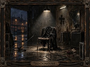 An empty black suit slumps over a battered chair beneath a harsh lamp in a rain-soaked industrial rehearsal room. Fallen microphones, tangled cables, cracked glass, worn amplifiers, and a wilted red rose deepen the bleak mood. Charcoal blacks, dirty browns, cold blues, and amber reflections create a gritty, cinematic mixed-media atmosphere.