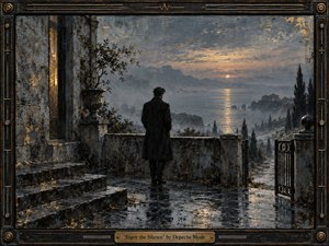 A solitary figure stands on a rain-darkened stone terrace overlooking a misty coastal landscape at sunset. Muted blue-gray tones, warm gold reflections, and distant cypress-lined cliffs create a restrained, contemplative mood. Textured painterly surfaces, wet pavement, wrought metal details, and an ornate dark frame reinforce the elegant melancholy and quiet emotional tension.