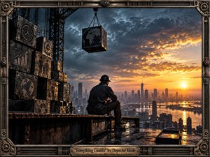 A solitary construction worker sits atop a rain-slick steel structure overlooking a sprawling city at sunset. Industrial crates, chains, gears, and a suspended world-map cube frame the scene, suggesting labor and value. Cold blue shadows contrast with glowing amber light, while dramatic clouds, reflective metal, and intricate steampunk detailing create a tense, contemplative atmosphere.