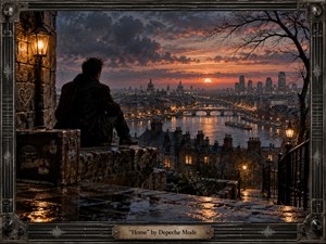 A solitary figure sits beside a weathered travel trunk on a rain-soaked stone terrace overlooking a glowing river city at sunset. Dark clouds frame the warm orange horizon, while bridges, rooftops, domes, and skyscrapers shimmer in reflected light. Industrial metal framing, vintage lamps, bare branches, and rich cinematic textures create a melancholic, contemplative atmosphere.