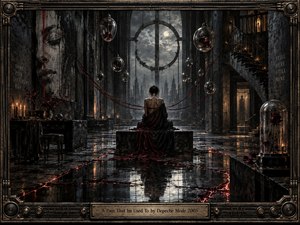 A solitary figure sits within a vast decaying cathedral-like chamber, surrounded by suspended glass vessels, crimson threads, and fractured black stone glowing from within. Moonlight filters through towering windows onto reflective floors, while warm candlelight cuts through the cold gray palette. The dark, gothic mixed-media aesthetic feels tense, haunted, and ritualistic.