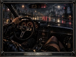 A rain-soaked nighttime drive unfolds through an industrial city, viewed from inside a dark vintage car. Amber gauges, red taillights, wet reflections, and a pale moon create a tense, seductive atmosphere. Rich blacks, metallic textures, leather surfaces, and cinematic lighting give the scene a brooding, handcrafted realism framed by ornate mechanical details.