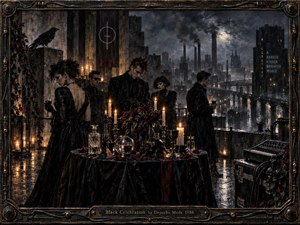 A somber rooftop gathering unfolds above a rain-soaked industrial city, where black-clad figures surround candles, dark roses, crystal glassware, and symbolic objects. Smoky towers and a pale moon deepen the gothic atmosphere. Bronze-black framing, crimson accents, wet reflections, and painterly textures create a brooding, elegant, cinematic sense of ritual and melancholy.
