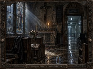 A shadowed Gothic chapel opens into a stark hospital corridor, blending faith, mortality, and uncertainty. Rain-streaked stained glass casts pale blue light across worn pews, wilted flowers, a burning candle, and reflective stone floors. Dark bronze framing, religious carvings, muted browns, and cold fluorescent light create a somber, haunting, handcrafted atmosphere.