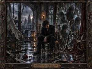 A solitary man sits hunched in a decaying, rain-soaked interior, surrounded by shattered mirrors reflecting fragmented versions of himself. Cold blue-gray ruins contrast with warm candlelight and rusted metal details. Broken glass, wilted roses, torn fabric, and a distant industrial skyline create a dark, introspective, gothic atmosphere.
