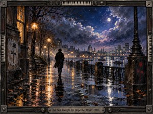 A solitary figure walks along a rain-soaked riverside promenade beneath a luminous moon, surrounded by glowing streetlamps and distant city lights. Deep blues, violet clouds, amber reflections, and wet pavement create a wistful, hopeful mood. Richly textured painterly brushwork, autumn leaves, ornate ironwork, and the dark industrial frame enhance the nocturnal atmosphere.