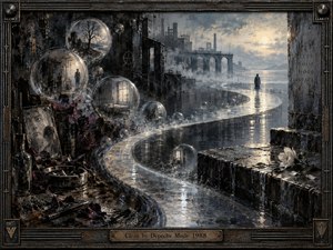 A solitary figure stands along a winding, reflective path beside a bleak industrial shoreline, surrounded by mist, ruined architecture, and translucent memory-like spheres. Cold grays, blackened metal, and pale gold light create a somber yet cleansing mood. Painterly textures, wet surfaces, fading flowers, and distant sunlight suggest release, renewal, and hard-won clarity.