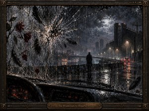 A solitary figure stands beside a rain-soaked industrial river, viewed through a shattered windshield streaked with water, dark feathers, and dying red roses. Cold blue-gray city lights reflect across wet pavement while distant towers loom beneath storm clouds. Painterly textures, fractured glass, and metallic framing create a brooding, ominous atmosphere.