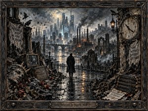 A lone figure walks through a rain-soaked ruined city where industrial decay collides with a cold futuristic skyline. Smoky grays, rusted browns, and muted amber lights create a bleak, reflective mood. Broken clocks, crumbling architecture, scattered books, ravens, and weathered machinery suggest regression, lost progress, and civilization unraveling.
