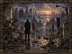A solitary figure overlooks a decaying futuristic city at sunset, where ruined towers, broken clocks, creeping vines, and marching crowds suggest regression and lost progress. Muted charcoal, bronze, and amber tones create a somber industrial mood, while dramatic light, painterly textures, and an ornate metal frame deepen the dystopian atmosphere.