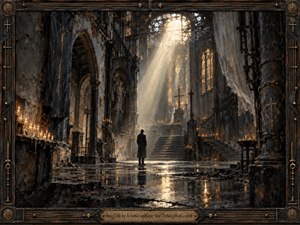 A solitary figure stands inside a vast ruined cathedral, surrounded by cracked stone, candles, ironwork, and shadowed arches. Warm golden sunlight pours through the shattered roof, illuminating dust and reflective puddles against a black, bronze, and amber palette. The dramatic mixed-media realism conveys longing, devotion, isolation, and transcendence.