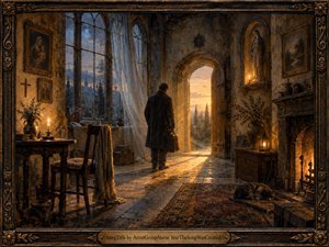 A solitary man stands inside a weathered stone home, facing an open doorway glowing with sunset light. Warm amber firelight contrasts with cool blue windows, creating a reflective, melancholic mood. Ornate religious details, worn furniture, a sleeping cat, textured walls, and a carved dark frame give the scene a timeless, painterly richness.