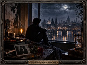 A solitary man sits beside a rain-streaked window overlooking a moonlit city and reflective river. Warm amber lamps contrast with cool blue-gray night tones, creating a contemplative, melancholic mood. A turntable, rose, photograph, hourglass, and weathered furnishings enrich the cinematic digital scene, framed by ornate industrial metalwork.