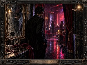 A solitary man stands in a decadent, shadowy nightclub, facing a distant woman framed by crimson curtains and neon glow. Deep blacks, burgundy reds, and violet highlights create a tense, seductive mood. Cracked mirrors, spilled wine, polished floors, roses, and ornate metalwork reinforce the luxurious yet emotionally fractured atmosphere.