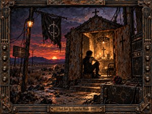 A solitary figure sits inside a weathered roadside chapel at sunset, surrounded by candles, crosses, cables, and rusted industrial metalwork. Fiery orange light cuts through a brooding violet sky, creating a tense, devotional mood. The ornate amplifier-inspired frame, distressed textures, and dark romantic styling give the scene a gritty, handcrafted intensity.