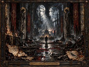 A lone figure stands within a ruined Gothic-industrial cathedral, surrounded by shattered stone, twisted metal, candles, smoke, and torn crimson banners. Cold gray light pours through broken arches beneath storm clouds, contrasting with amber flames. The dark, painterly composition feels apocalyptic, solemn, and theatrical, framed by weathered bronze ornamentation.