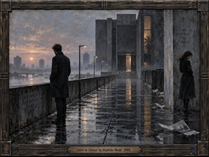 A solitary man stands on a rain-soaked riverside terrace while a distant woman turns away beneath stark concrete architecture. Dusky blue-gray tones, warm window light, wet reflections, and scattered papers create a mood of emotional distance and resignation. Textured painterly surfaces and an industrial frame deepen the restrained, melancholic atmosphere.