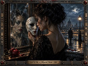 A dark-haired woman holds a cracked porcelain mask beside a shattered mirror on a rain-soaked riverside at night. Deep blues, black lace, warm amber lamps, red roses, and moonlit clouds create a haunting, romantic mood. Ornate metal framing, fractured reflections, distant architecture, and cinematic lighting suggest deception, longing, and emotional uncertainty.