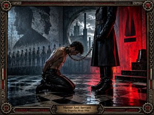 A tense industrial chamber frames a kneeling, restrained figure facing an imposing black-clad authority. Cold blue-gray concrete, factory silhouettes, chains, and checkerboard flooring contrast with intense red illumination. Dramatic reflections, rigid symmetry, and metallic textures create a dark cinematic mood, enclosed by an ornate mechanical frame and engraved title plate.