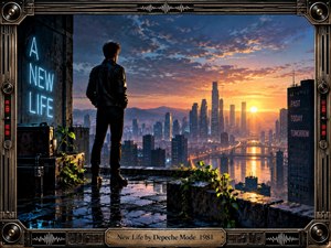 A solitary figure stands on a rain-slick rooftop overlooking a futuristic city glowing at sunrise. Deep blues and black shadows contrast with warm gold and orange light reflecting across towers and water. Industrial framing, neon accents, waveform details, creeping greenery, and cinematic realism create a hopeful mood of transformation and renewal.