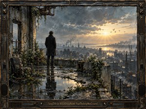 A solitary figure stands on a rain-soaked rooftop overlooking a worn industrial city at sunrise. Warm gold breaks through heavy gray clouds, reflecting across puddles and distant water. Crumbling walls, creeping vines, birds, and emerging flowers soften the decay, creating a mood of hard-won calm, renewal, and quiet emotional release.
