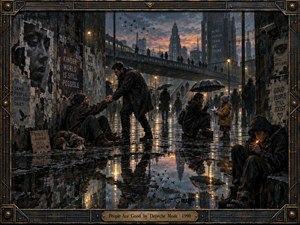 A rain-soaked industrial city frames quiet acts of human kindness beneath a brooding twilight sky. Figures help one another across reflective streets while warm amber lamps pierce deep blue-gray shadows. Painterly textures, weathered walls, scattered posters, puddle reflections, and a dark mechanical frame create a somber yet cautiously hopeful atmosphere.