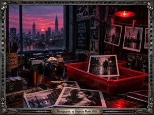 A vintage darkroom glows beneath crimson safelight as an old film camera, curling negatives, developing trays, and scattered black-and-white photographs fill a rain-darkened studio. Beyond the window, a violet city skyline fades into dusk. Metallic framing, reflective surfaces, rich shadows, and cinematic detail create a mysterious, nostalgic synth-pop atmosphere.