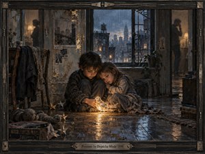 Two children huddle together on a worn apartment floor, protecting a glowing glass bird as rain streaks the windows behind them. Cool blue city light contrasts with warm amber lamps and the birds golden glow. Weathered walls, reflective floorboards, distant figures, and intricate metal framing create a tender, melancholy, painterly atmosphere.