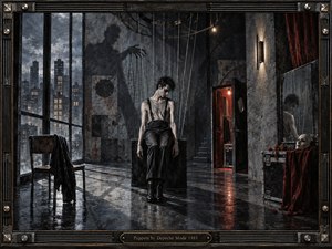A solitary man hangs like a marionette in a shadowy industrial room overlooking a rain-soaked city. Cold blue-gray tones dominate, pierced by warm red light from an open doorway. Taut strings, reflective floors, worn walls, theatrical curtains, and a pale mask create a tense, controlled, melancholic atmosphere with gritty painterly realism.