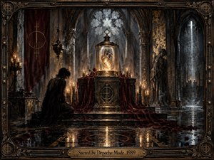 A shadowy Gothic chapel surrounds a glowing heart-shaped reliquary displayed beneath a glass dome on a candlelit altar. Deep crimson drapery, black stone, bronze ornament, and reflective floors create a solemn, devotional mood. Cool window light contrasts with warm flames, while kneeling figures and intricate metalwork deepen the sacred, mysterious atmosphere.