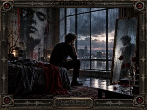 A solitary man sits on an unmade bed overlooking a rain-soaked city, surrounded by shadowed walls, a haunting mural, a tarnished mirror, and wilted red roses. Cold blue-gray light contrasts with deep crimson accents, creating a brooding, introspective mood within a richly textured gothic-industrial frame of metal, cables, and waveform details.